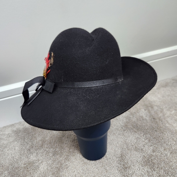 Black %100 Wool Hat Feather Detail Fedora Women's Lancaster  40s Artsy Artist - Picture 3 of 5